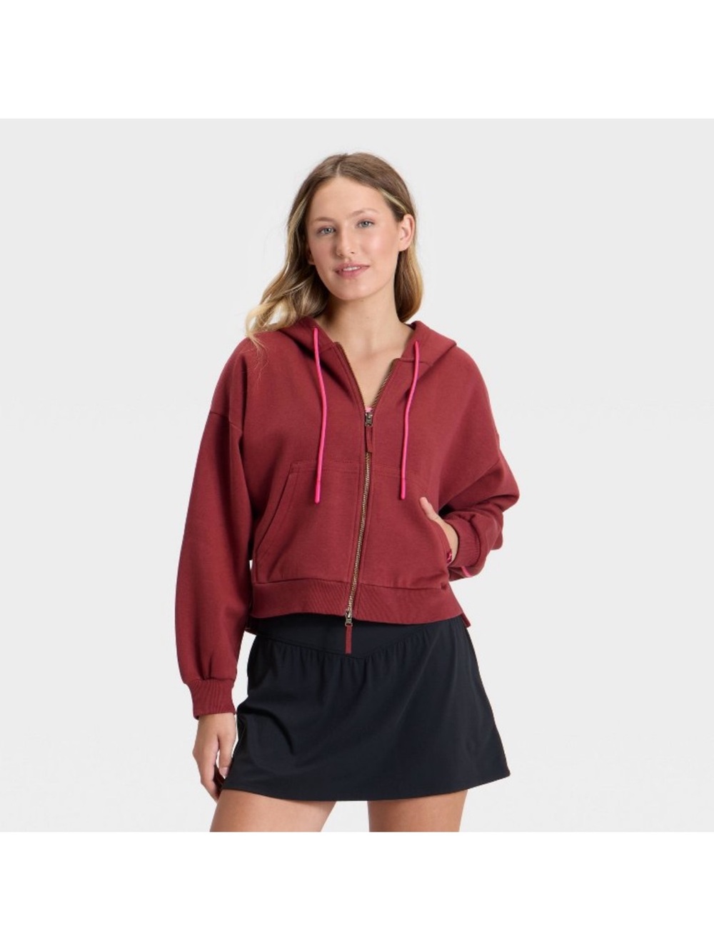 JoyLab Zip-Up Hoodie in Burgundy with Pink Drawstrings